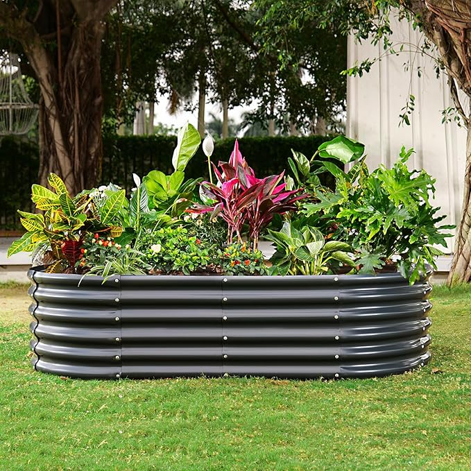 Land Guard Galvanized Metal Raised Garden Bed Kit, 8x4x1.5ft Large Planter Boxes Outdoor, Oval Gardening Box, Patio Garden Planter Box for Vegetables (Grey) LandGuard
