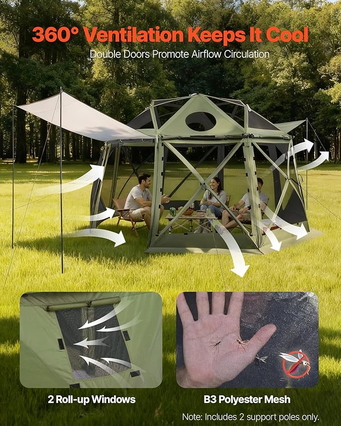VEVOR Pop up Gazebo Screen Tent, 13 x 13 ft, 13-Sided Spherical Camping Canopy Tent with Removable Top & Carry Bag, Quick-Set & Bite-Proof, Screen House Sun Shelter for 10-12 Persons, Green VEVOR