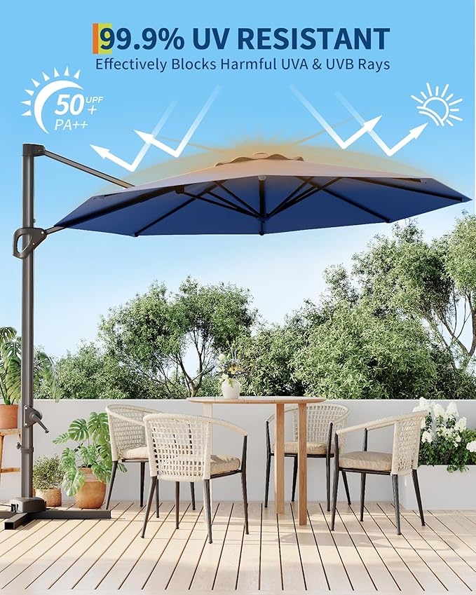GarveeLife 10 ft Patio Umbrella Outdoor Large Cantilever Umbrella w/Base Included Market Sun Shade Windproof Offset Umbrella with 360-Degree Rotation for Garden Deck Pool Patio, Navy Blue GarveeLife