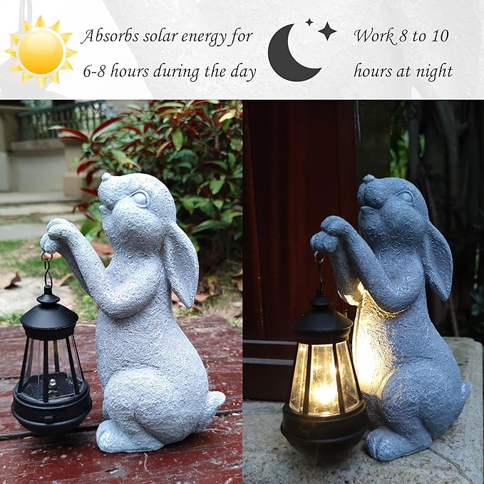 Rabbit Solar Garden Statues,Resin Rabbit Figurine Decorations with Solar Lights Lantern, Outdoor Figurines Lawn Garden Statue Decor Art for Lawn,Yard, Balcony Ornament. Qobumy