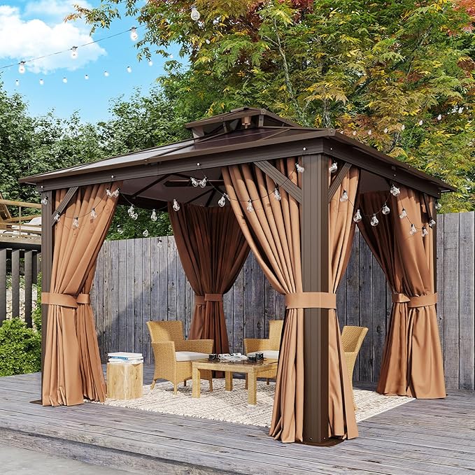 Aoxun 10'x10' Hardtop Gazebo, Outdoor Polycarbonate Double Top Canopy, Aluminum Frame Gazebo with Netting and Curtains, Sunshade for Patios, Gardens, Lawns Aoxun