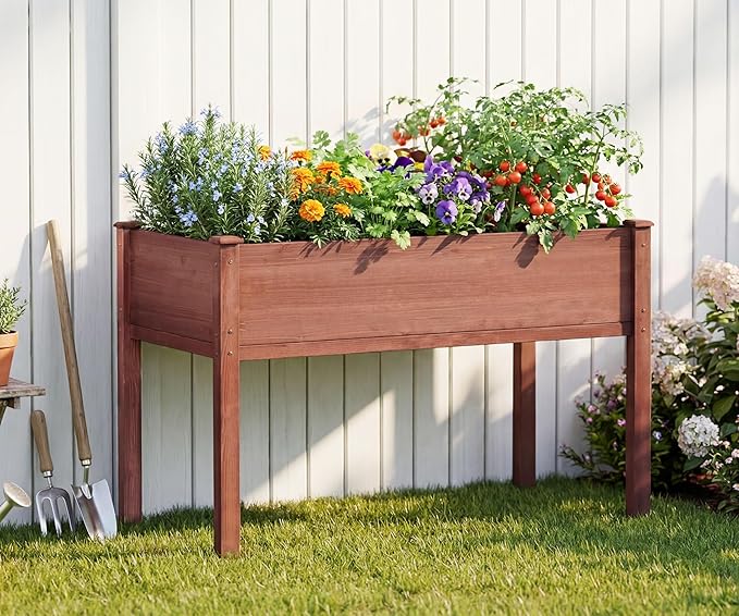 Raised Garden Bed with Legs, 48x24x30'', Outdoor Wood Elevated Planter Box, Thick Legs, w/Liner OutdoorFurniture