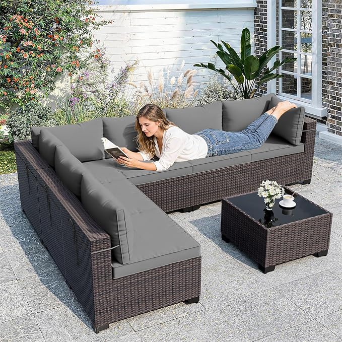 ALAULM Patio Furniture Set with Coffee Table, 7 Pieces Outdoor Sectional with Wide Seat and Thick Cushion, All Weather Wicker Rattan Conversation Set for Backyard, Garden, Deck, Grey ALAULM