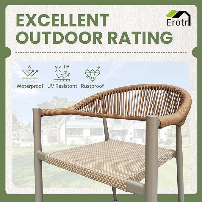 8 Pcs Stackable Patio Dining Chairs, Aluminum Rattan Outdoor Dining Chair with Arms, Woven Rope Garden Armchair Metal No Assembly for Bistro Balcony Porch Deck Yard Cafe Restaurant, Light Brown Erotr