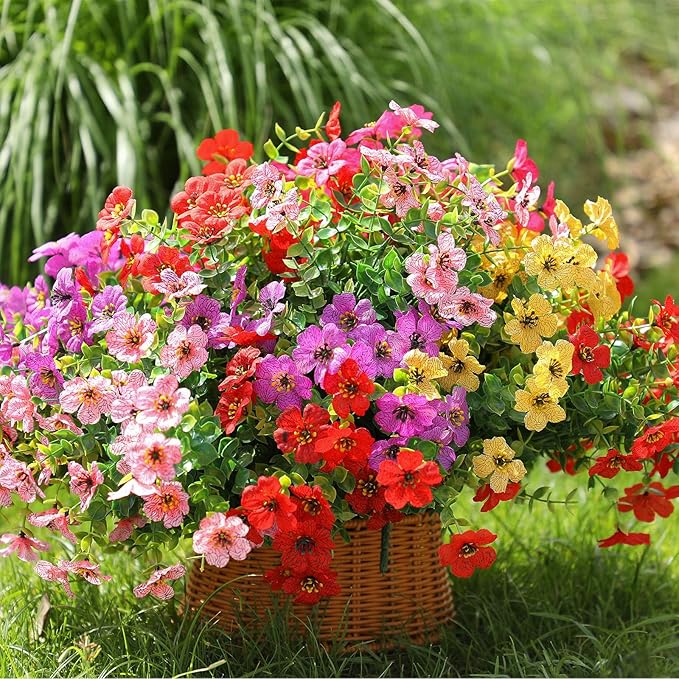 Artificial Flowers Outdoor Fake Plants, Faux Silk Flowers Plastic Plants for Outdoors Indoor Outside Front Porch Hanging Planter Window Box Garden Home Spring Decoration, 14 Pack (Mix) Powbrace