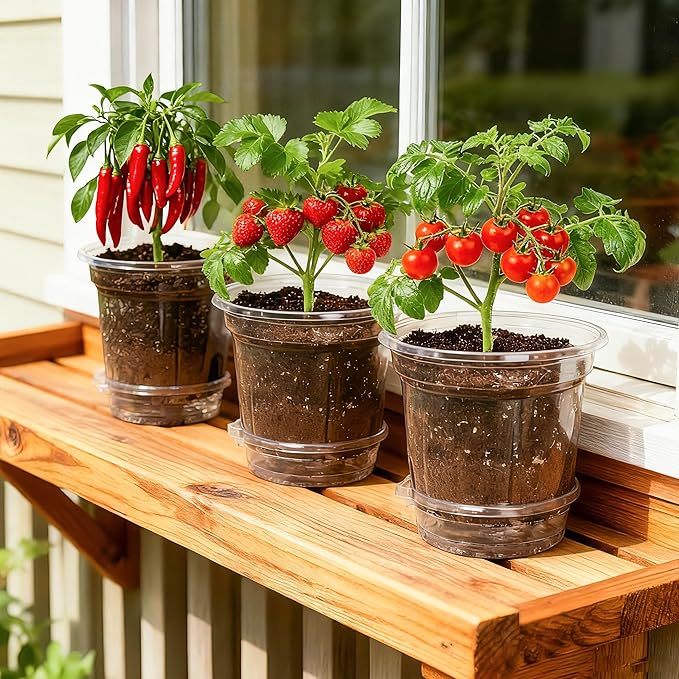 12 Pack 6.5 Inch Clear Self Watering Plant Pots with Bottom Water Tray & Watering Rope, Transparent Nursery Pots with Drainage for Seedlings, Herbs, and Houseplants Bluepro
