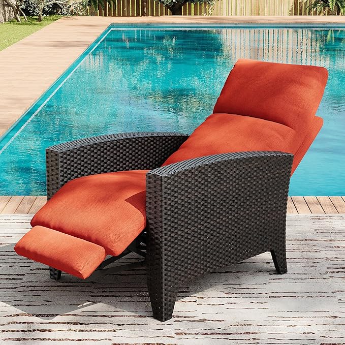 IDEALHOUSE Wicker Outdoor Recliner Reclining Patio Chairs with Adjustable Back & Footrest 150° Lay-Flat Reclining with Air Pump Rattan Flip-Up Side Table Outdoor Lounge Chairs for Pool Deck Balcony IDEALHOUSE