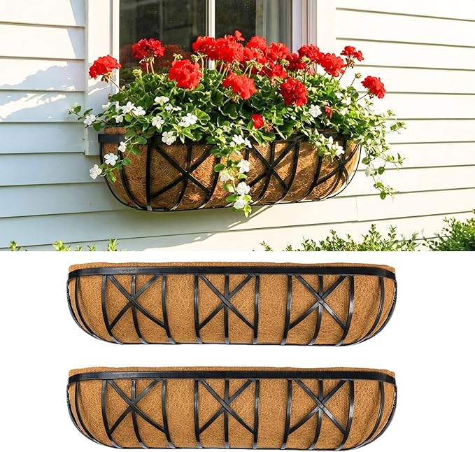 LaLaGreen 36 Inch, 2 Pack Window Boxes Planters – Large Black Metal Window Boxes for Outdoor Plant, Wall Mount Flower Pot with Coco Liner, Attach to House Fence Balcony Herb for Patio Porch Garden L%C3%A1L%C3%A1Green
