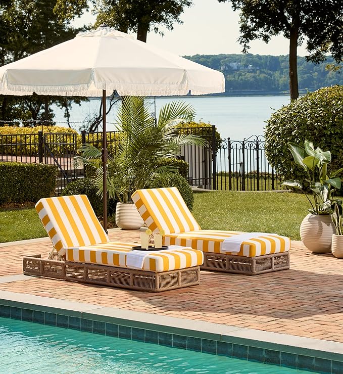 SAFAVIEH Outdoor Collection Gillian Heather Tan & Yellow Stripe Chaise Lounge Chair (Fully Assembled) SAFAVIEH