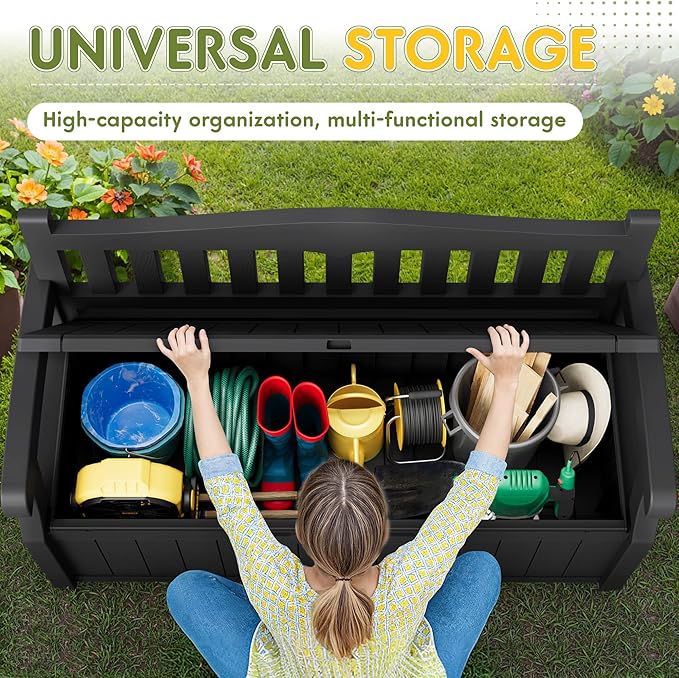 Greesum 80 Gallon Deck Box Storage Bench, Patio Furniture, Lockable, Waterproof and UV Resistant,with Armrest, Suitable for Garden, Porch, Poolside, Dark Black BuynowfromGreesum