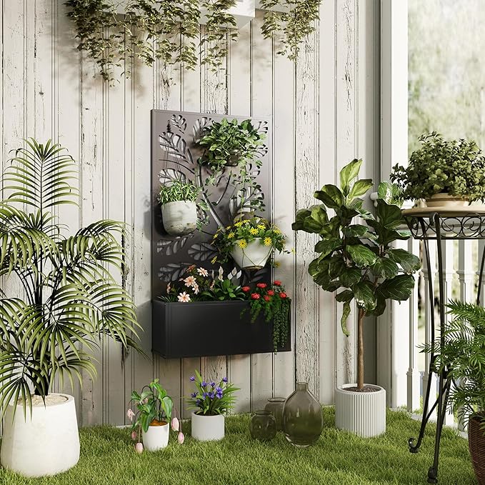 Outsunny Metal Raised Garden Bed with Trellis for Climbing Plants, Freestanding or Wall Mounted Flower Bed with Privacy Panel, Twigs and Leaves Cut-Outs Outdoor Planter Box for Garden, Patio, Balcony Outsunny
