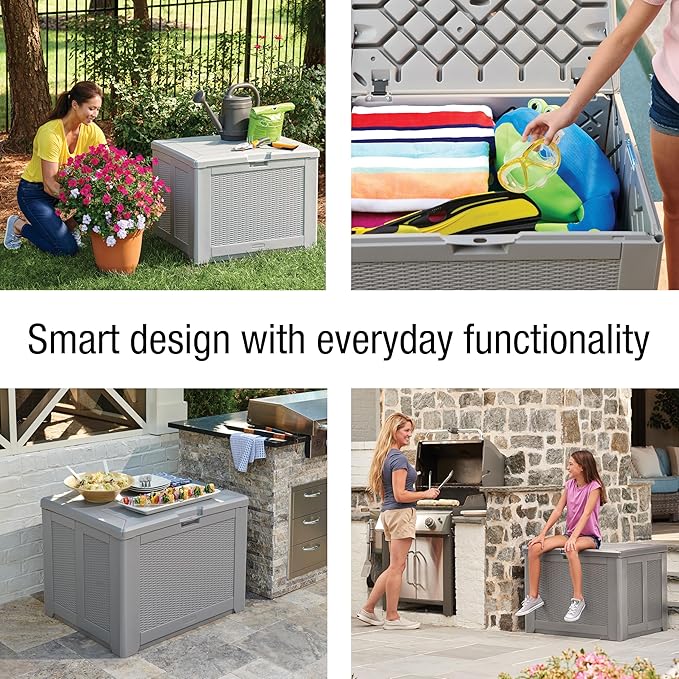 Rubbermaid Medium Resin Outdoor Storage Deck Box (74 Gal) Weather Resistant Gray Deck Organization for Home/Backyard/Pool Chemicals/Toys/Garden Tools/Porch/Patio Cushions Rubbermaid
