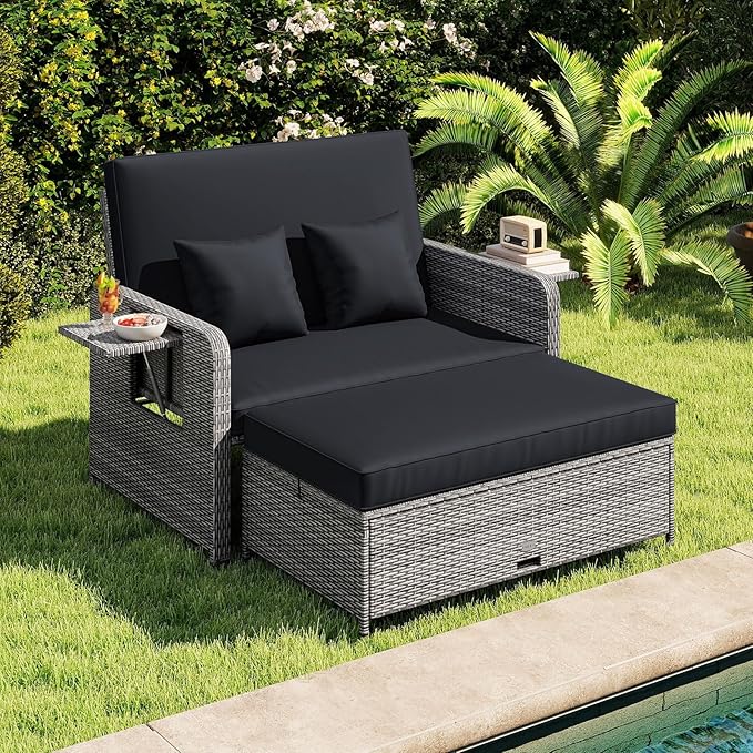 Tangkula Patio Rattan Daybed with 4-Level Adjustable Backrest, Outdoor PE Wicker Loveseat with Storage Ottoman & Folding Side Table, Double Sunbed for Balcony, Backyard & Poolside, Black & Grey TANGKULA