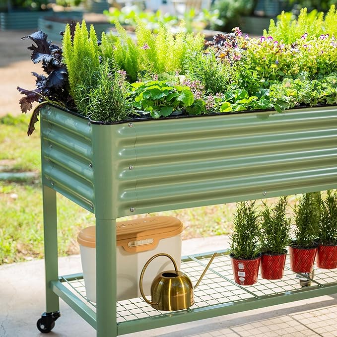 Elevated Raised Garden Bed-V Series, 2' x 4' Garden Beds with Legs & Storage Rack for Patio Porch, 700 Lbs Weight Capacity, Outdoor Planter Boxes for Gardening Herbs Vegetables Flowers, Olive Green VegoGarden