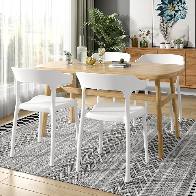 VECELO 4 Pack Plastic Stacking Chairs, Stackable Dining Chairs for Kitchen Restaurant Patio, Portable Indoor Outdoor Use, No Assembly Required, White VECELO