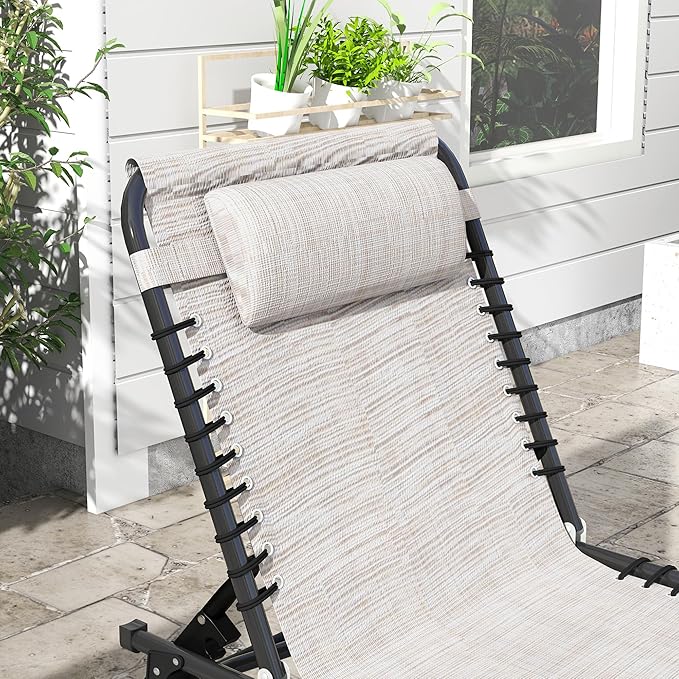 Outsunny Folding Chaise Lounge Chair Set of 2, Patio Sun Tanning Chair, Outdoor Chaise Lounger with 4-Position Reclining Back, Breathable Mesh Seat for Beach, Poolside, Cream Outsunny