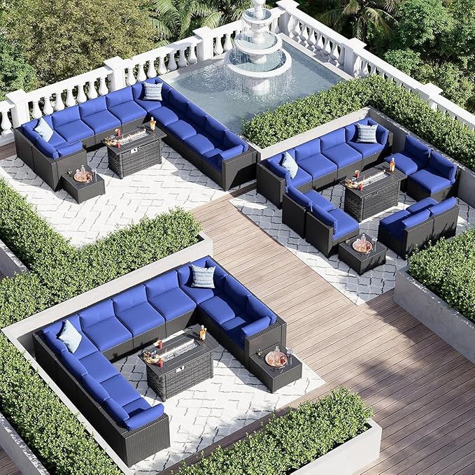 Aoxun 15 Piece Patio Furniture Set with 44” Fire Pit Table, Wicker Rattan Patio Sectional Sofa, Outdoor Furniture Set with Thickened Cushion, Blue Aoxun