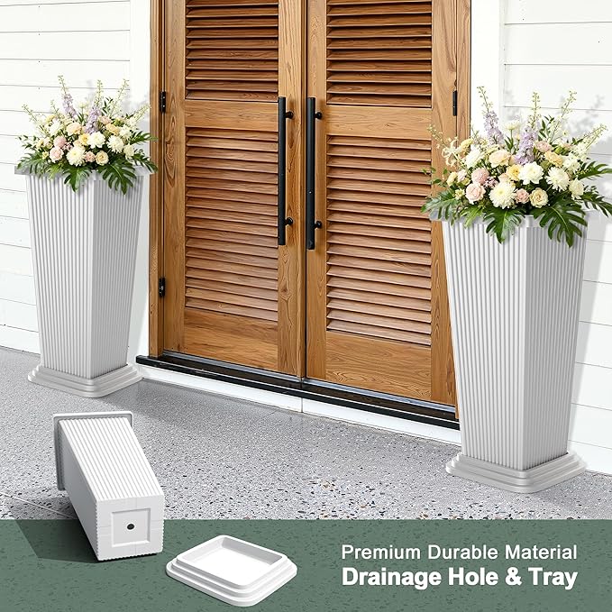 Tall Outdoor Planters Set of 2, 24" Tapered Outdoor Tall White Planter for Front Porch, Large Indoor Modern Planter Flower Pots with Tray, Drainage Holes (Ribbed) PolarcoForgeco