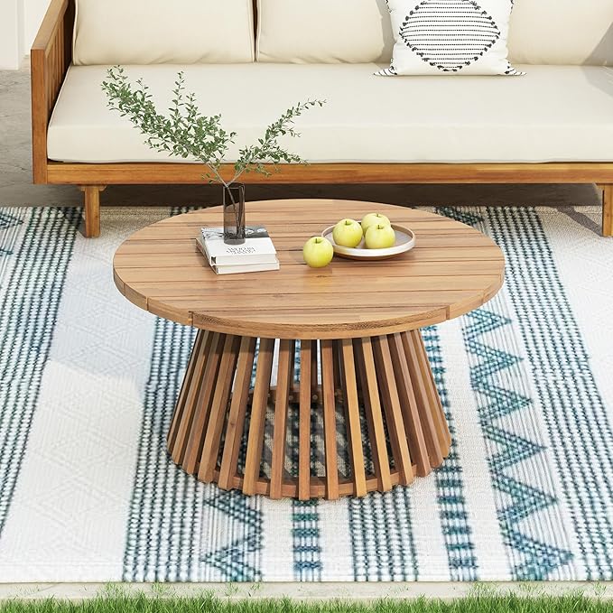 Merax Patio Outdoor Acacia Wood Round Coffee Table for Backyard, Lawn, Balcony Light Teak Merax