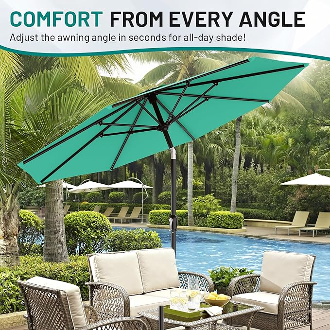 AreShark 9 FT Patio Umbrella for Outdoor, Outdoor Umbrella with Push Button Tilt and Crank, Outdoor Patio Umbrellas with 8 Sturdy Ribs for Market, Garden, Deck, Backyard, Pool (Peacock Blue) Rootora