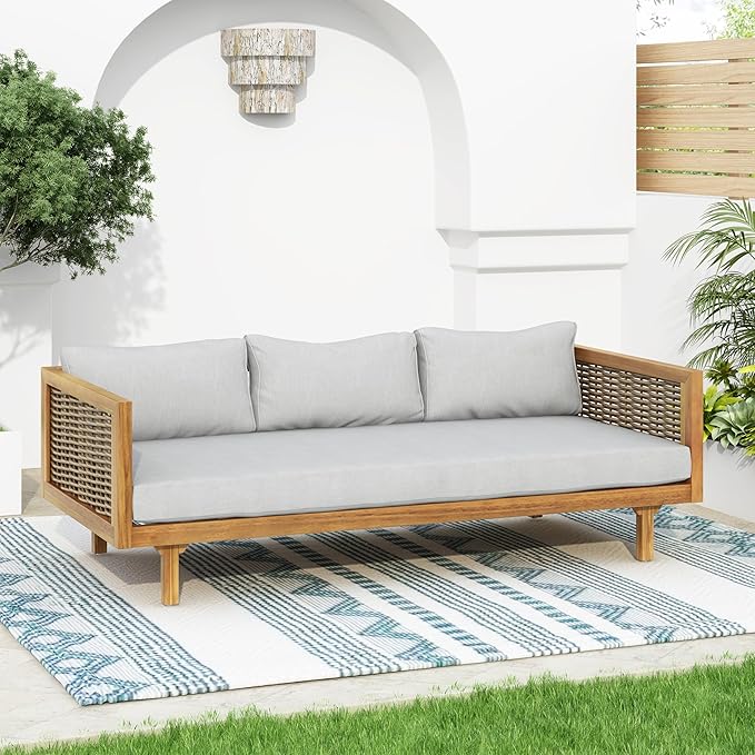 Merax 67.5" Outdoor Patio Daybed 3 Seater Sofa Bed,Acacia Wood Frame with Rattan Arm,Cushion & Pillow for Pool Merax