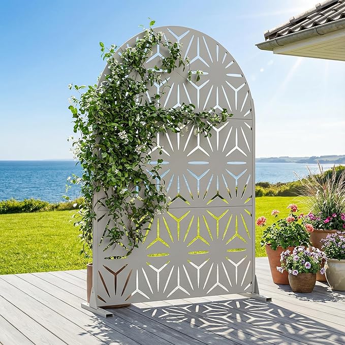 Casaphoria Metal Privacy Screen Outdoor, 72" H x 47" W Arched Freestanding Decorative Privacy Screen for Patio Deck Balcony Garden with Stable Base,Grey-Star Casaphoria