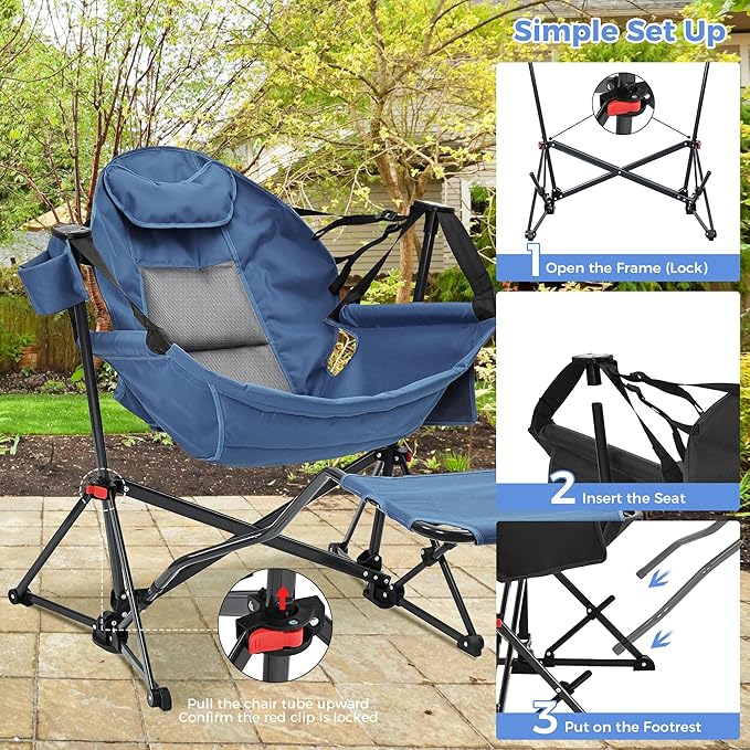 Ainfox Hammock Camping Chair with Footrest, Foldable Portable Rocking Chairs for Adults Outside Swinging Camp with Cup Holder Pillow for Outdoor Patio Poolside (Dark Blue) Ainfox