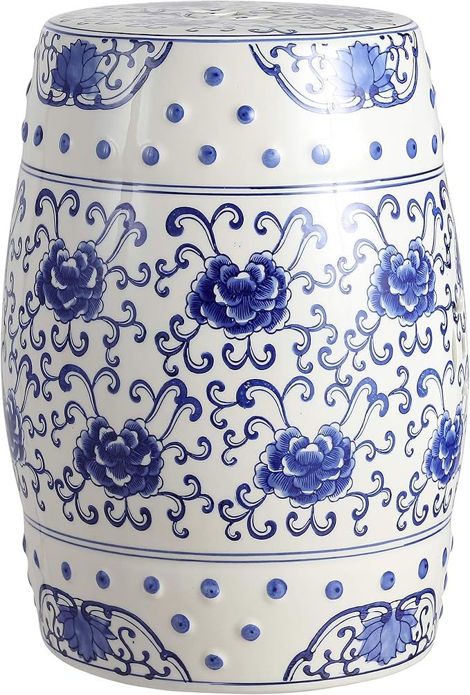 JONATHAN Y TBL1000A Lotus Flower 17.8" Chinoiserie Ceramic Drum Indoor/Outdoor Garden Stool Bohemian, Coastal, Classic, Cottage, French Country, Traditional, Bathroom, Garden Room, Patio, Blue/White JONATHANY