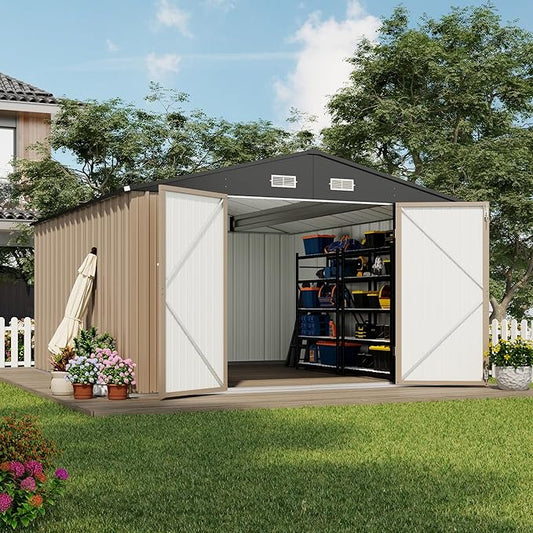 Devoko 10x12 FT Outdoor Storage Shed, Large Metal Storage Sheds with Lockable Door, Utility Garden Tool Shed with Sloping Roof, Outside Steel Storage Sheds for Patio Lawn Backyard, Brown DEVOKO