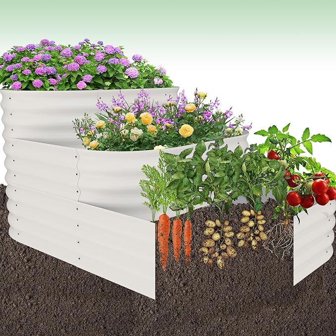 GarveeLife Galvanized Tiered Raised Garden Bed Kit with Open Base – 43x63x31.5 Oval Ground-Connected Planter for Vegetables, Herbs & Flowers (Modular 3 in-1Design),Beige GarveeLife