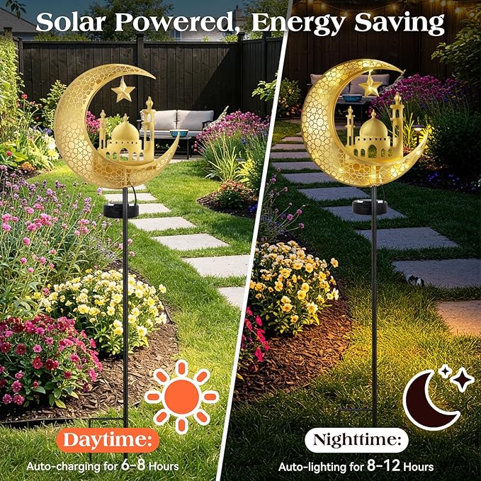 Lewondr 2Pcs Ramadan Solar Lights, Ramadan Decorations Outdoor, Metal Yard Signs LED Eid Decorations Mubarak Star Moon Castle, Waterproof Solar Garden Stakes Lights for Walkway Lawn Patio Lewondr