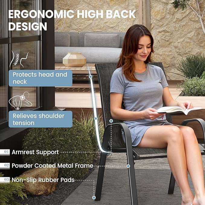 Patio Dining Chairs Set of 4, Stackable Dining Chairs High Back, Breathable Seat Fabric and Alloy Steel Frame Fit Backyard, Porch, Lawn，Poolside (Dark Grey) VonzoyHome