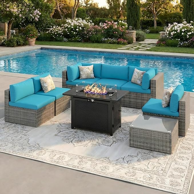Wisteria Lane 8 Pieces Outdoor Patio Furniture Set with 43" Fire Pit Table, Wicker Outdoor Patio Sectional Sofas with Coffee Table, All-Weather Patio Conversation Set for Backyard Garden, Light Blue WisteriaLane