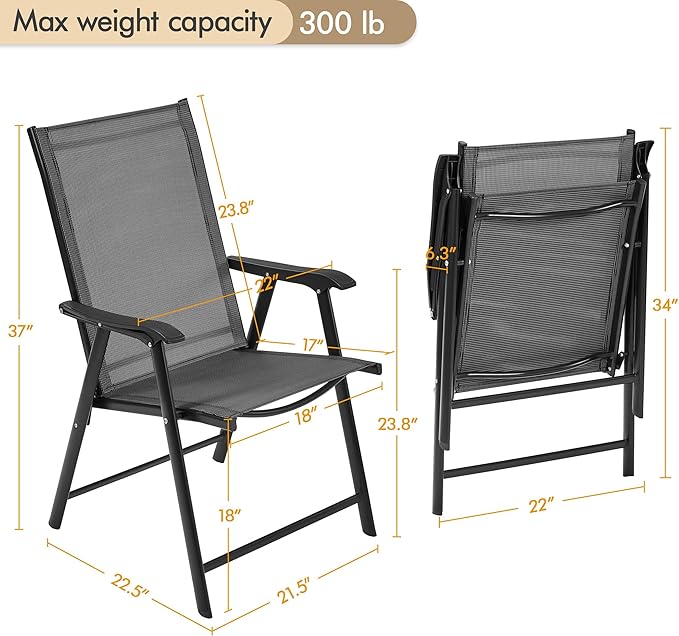 Yaheetech Patio Dining Chairs Set of 2 with Armrests, Outdoor Folding Chairs with Metal Frame and Backrest for Lawn, Garden, Yard and Poolside, Black Yaheetech