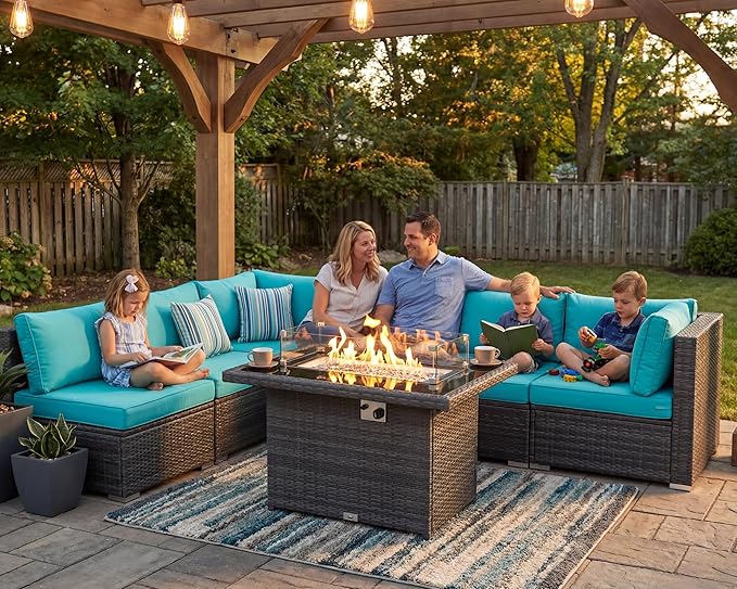 NICESOUL 7 Piece Large Modern Patio Furniture Set with Propane/Gas Firepit Table, 29.3'' High Back Comfy Wicker Sectional Sofa Couches with Fire Pit, Outdoor Deep Conversation, Fade-Proof, Turquoise NICESOUL