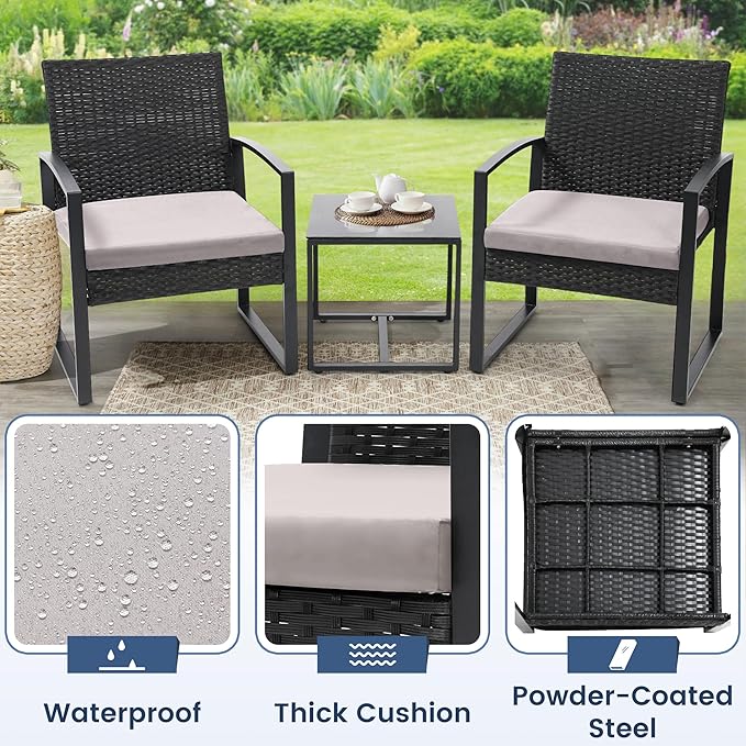 3 Piece Wicker Patio Bistro Set, Rattan Conversation Set with Coffee Table, for Balcony, Porch, Garden, Yard, Poolside, Black Frame with Grey Cushion Murago