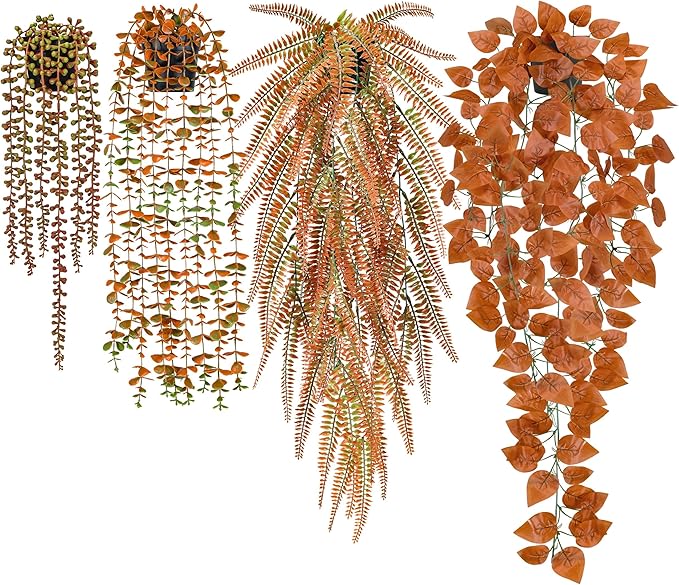 Der Rose 4Pcs Fake Fall Plants Hanging Orange Artificial Eucalyptus Plants, Boston Fern, Fake Potho, String of Pearls for Halloween Bathroom Table Centerpiece Wall Mantle Decor Indoor and Outdoor DerRose