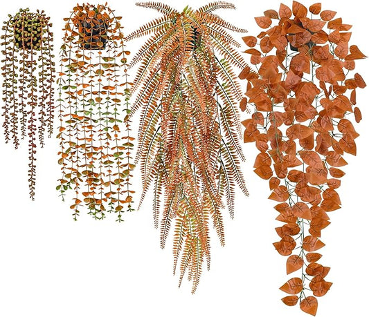 Der Rose 4Pcs Fake Fall Plants Hanging Orange Artificial Eucalyptus Plants, Boston Fern, Fake Potho, String of Pearls for Halloween Bathroom Table Centerpiece Wall Mantle Decor Indoor and Outdoor DerRose