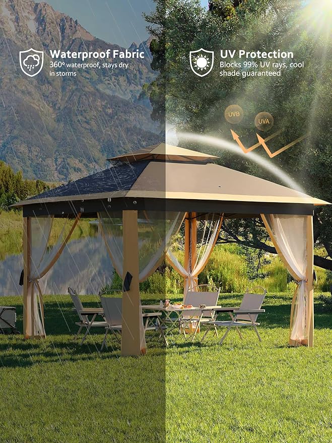 Garveelife 11x11 Pop Up Gazebo Tent with Mosquito Netting, Outdoor Canopy Shelter Easy Setup, Water & UV Resistant - Khaki GarveeLife