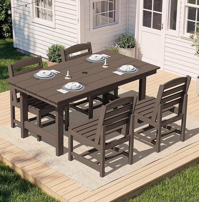 SERWALL Patio Dining Sets for 6 Person, HDPE Dining Set with 6 Armless Chairs, Coffee SERWALL