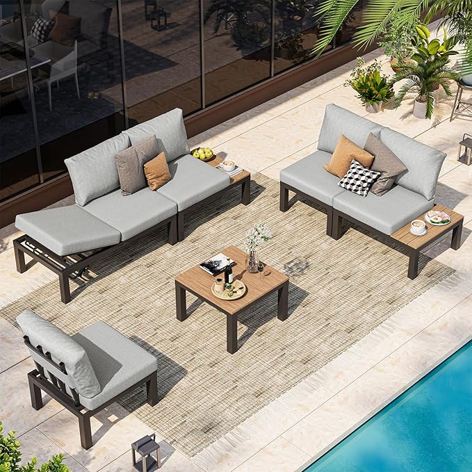 Aluminum Modular Outdoor Patio Furniture Set, 6 Seats Patio Sectional Sofa Set with Adjustable Backrest & Thick Cushions, All-Weather Conversation Sets with Table for Garden & Yard, Gray Oasbira