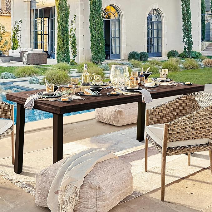 Devoko Home Acacia Wood Dining Table 6-Person Indoor Outdoor Table with Iron Legs, Sandblast Finish, Natural Stained, Rustic Metal, 69 * 33 * 30 inch (Espresso) DEVOKO