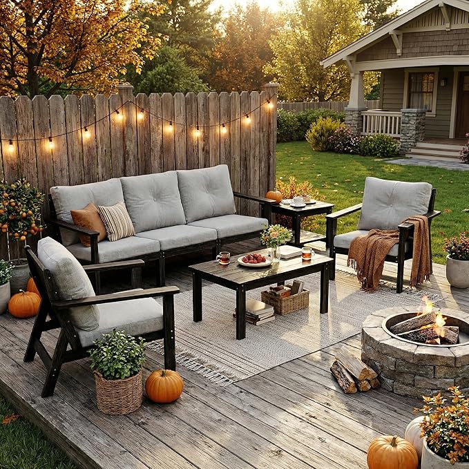 6-Piece HDPE Patio Furniture Set, Outdoor Sectional Sofa Set,All Weather Outdoor Couch with Dust-Free Cushions, Durable Patio Conversation Sets for Balcony, Porch, Gray Rootora