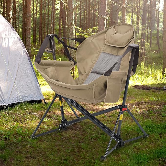 Ainfox Hammock Camping Chair, Foldable Portable Rocking Chairs for Adults Outside Swinging Camp with Cup Holder Pillow for Outdoor Patio Poolside (Brown) Ainfox