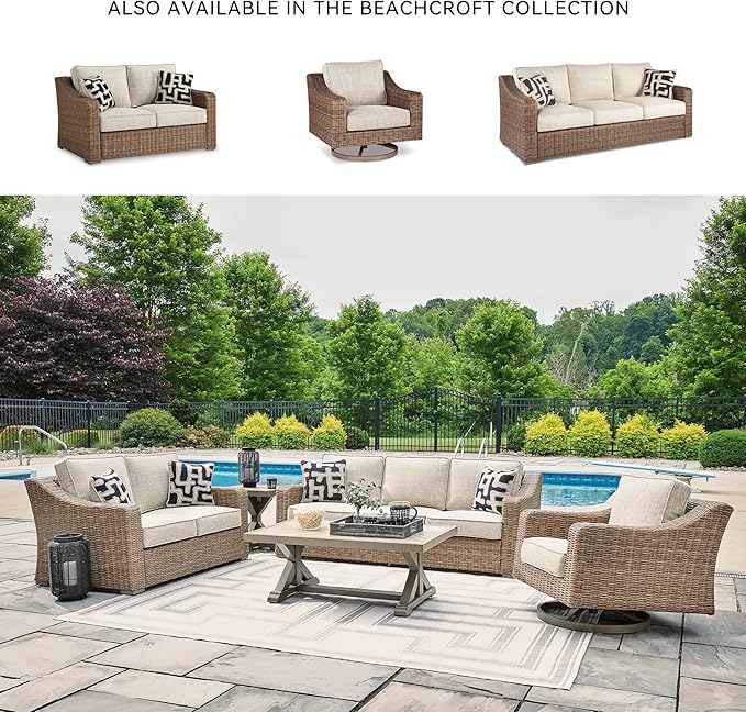 Signature Design by Ashley Beachcroft Casual Nuvella Weather Resistant Fabric, Resin Wicker Outdoor Loveseat with Cushion and 2 Accent Pillows, Dark Brown & Beige SignatureDesignbyAshley