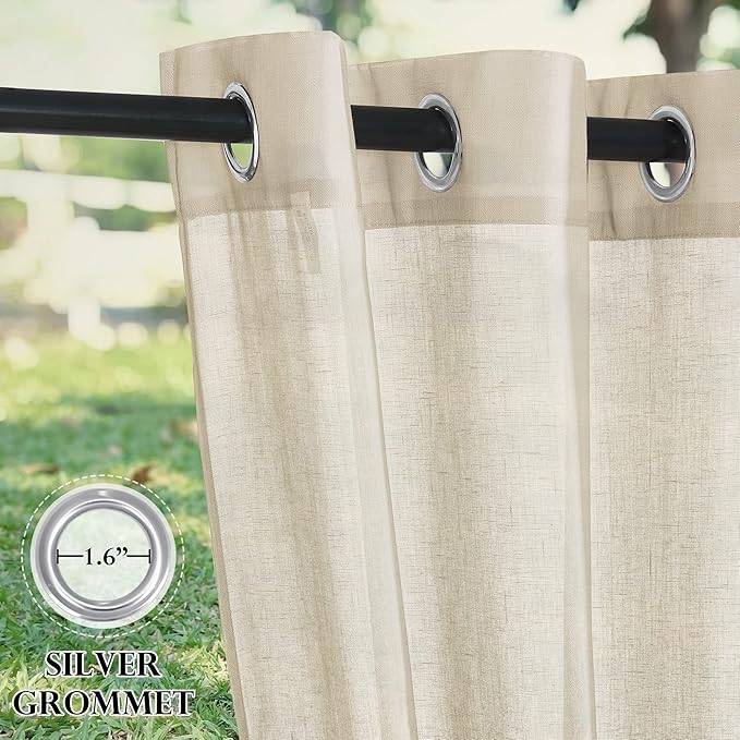 RYB HOME Outdoor Indoor Farmhouse Linen Sheer Curtains - Rustic Semi Sheer Privacy Drapes with Curtain Ropes for Patio Gazebo, 52 inch Wide x 108 inch Long, 2 Panels, Beige RYBHOME