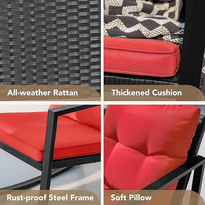 Devoko 3 Piece Rocking Bistro Set Wicker Patio Outdoor Furniture Porch Chairs Conversation Sets with Glass Coffee Table (Red) DEVOKO
