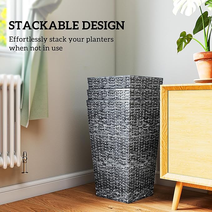 Outsunny Tall Planters for Outdoor Plants Set of 3, 24 in Taper Planters with Drainage Holes, Rattan Decor Plant Pots for Indoor Outdoor Front Porch Patio Backyard, Gray Outsunny
