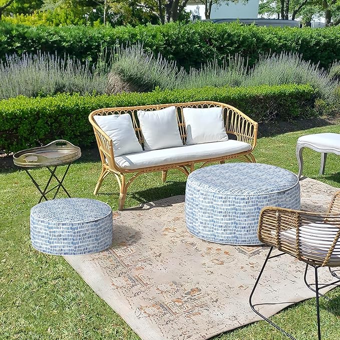 LVTXIII Outdoor Inflatable Ottoman Stool, Patio Water Repellent Footrest Stool with Handle, Portable Outside Round Ottoman for Patio Garden, Camping or Home Use, 21"x21"x9", Blue Pebble LVTXIII