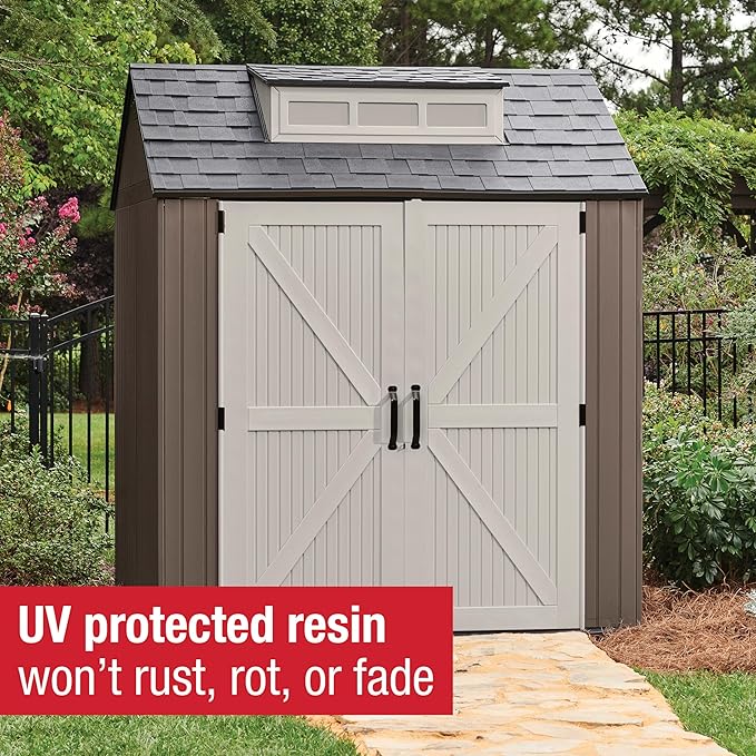 Rubbermaid Large Resin Outdoor Storage Shed With Floor (7 x 7 Ft.), Weather Resistant, Brown, Organization for Home/Lawn Mower/Backyard Equipment/Bike Storage/Pool Supplies Rubbermaid
